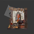 Cartoon Magical Witch Scene With Stained Glass Window Cauldron Candles And Fall Leaves