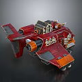 Red And Orange Interstellar Spaceship Design With Architectural Structures And Thrusters