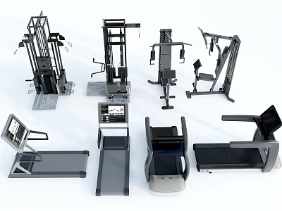 Various Fitness Equipment Display With Treadmills Strength Training Machines And Multi Functional Tools 3d model