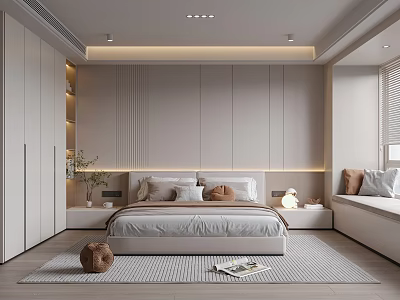 Modern Elegant Minimalist Bedroom Interior With King Bed Wardrobe Area Rug Window Lighting And Decor 3d model