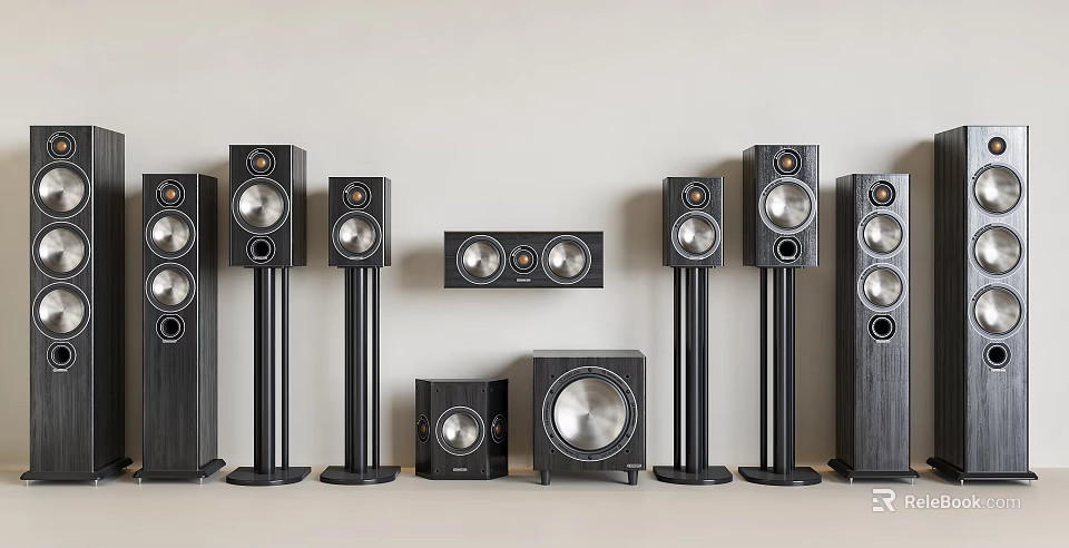 Sleek Black Home Audio Speakers With Floor Standing Bookshelf And Subwoofer System 3d model 