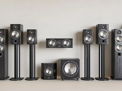 Sleek Black Home Audio Speakers With Floor Standing Bookshelf And Subwoofer System 3d model