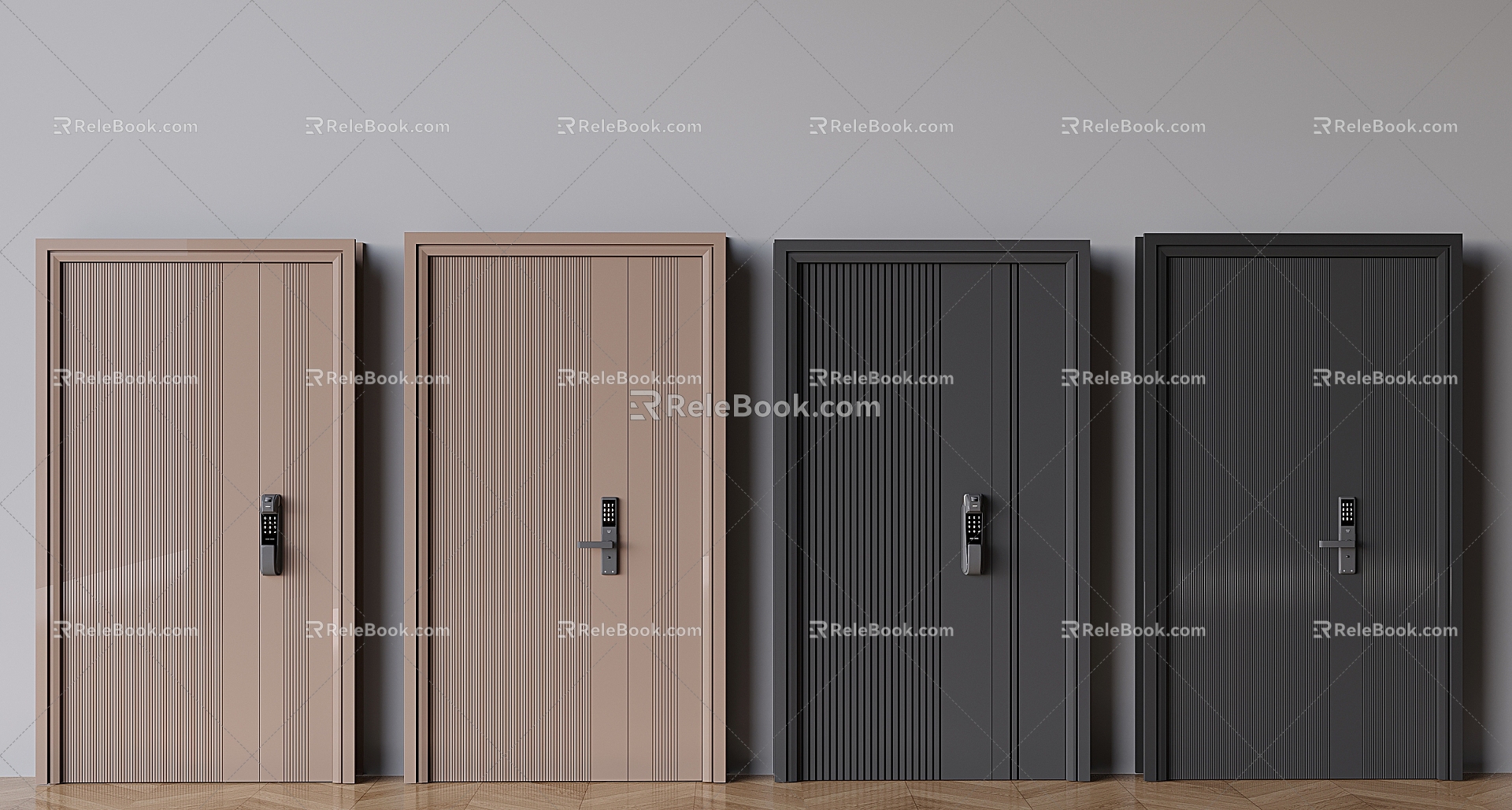 Modern solid wood door door door luxury security door swing door smart door lock fingerprint password 3d model