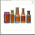 Colorful Glass Condiment Bottles With Red Sauce And Different Caps On Gray Background