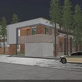 Modern Industrial Factory Building with Brick Glass Facade and Pine Trees Evening Street Car Passing