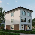 Two Story White Detached Villa With Brown Roof Porch Columns And Large Windows