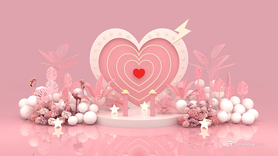 Pink Themed Interactive Area With Heart Shape Decorations Arrow Flamingo And Stars 3d model 