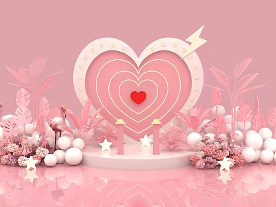 Pink Themed Interactive Area With Heart Shape Decorations Arrow Flamingo And Stars 3d model