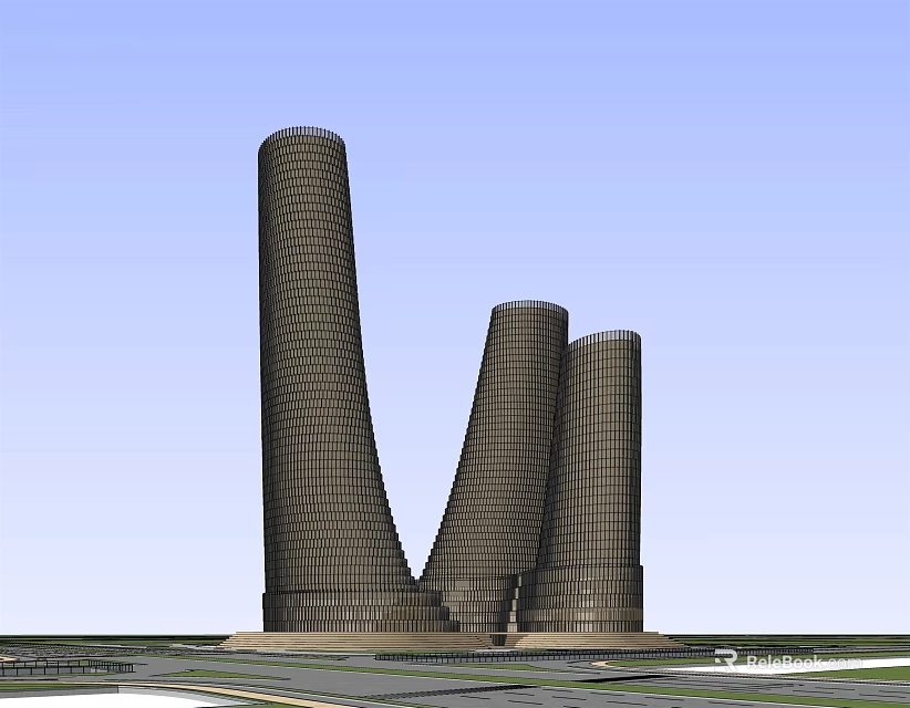 Modern Hotel Building With Three Curved Towers And Grid Facade Design 3d model 