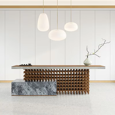 Modern Reception Desk With Wooden Lattice Base Marble Countertop And Vase Branch Under Pendant Lights 3d model