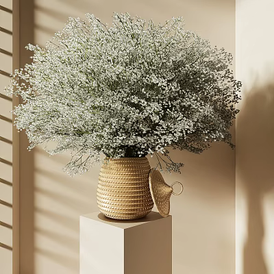 Bouquet of White Gypsophila Flowers in Gold Woven Vase on White Pedestal with Light Shadow 3d model