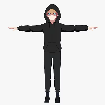 A Man In Black Hoodie And Pants With Arms Outstretched Blue Hair And Glasses 3d model