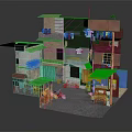 Cartoon Scene Featuring Colorful Multi Story Buildings With Hanging Clothes Motorcycle And Small Table