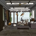 Cozy Dining and Living Room Interior With Wooden Table Tableware Vase Framed Pictures And Staircase