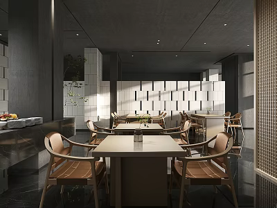 Modern Restaurant Interior With Wooden Tables Leather Chairs And Ambient Lighting 3d model