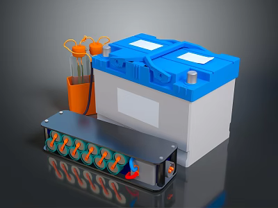Household Electrical Appliances Featuring Blue Battery Device With Orange Knobs And Tools 3d model