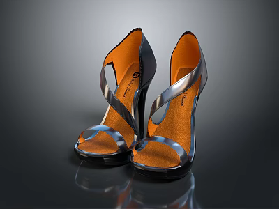 Silver High Heels With Orange Inner Crisscross Straps Shiny Metallic Finish And Black Sole Design 3d model