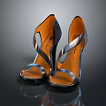 Silver High Heels With Orange Inner Crisscross Straps Shiny Metallic Finish And Black Sole Design