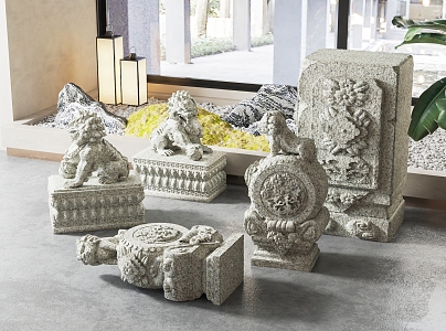 New Chinese style sculpture stone pier lion sculpture combination 3d model