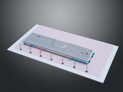 Scenic Landscape With Architectural Model Grey Roof Blue Red Structures Pink Base And Supporting Columns 3d model