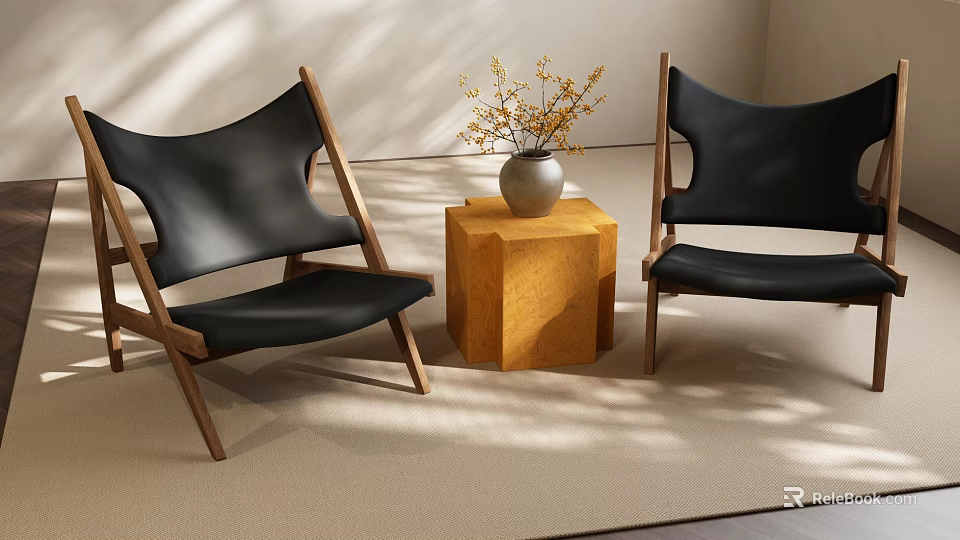 Two Black Leisure Chairs With Wooden Frames Yellow Side Table Flower Vase In Sunlit Indoor 3d model 