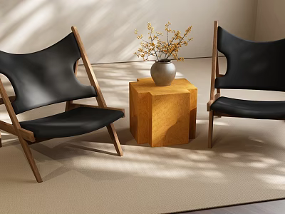 Two Black Leisure Chairs With Wooden Frames Yellow Side Table Flower Vase In Sunlit Indoor 3d model