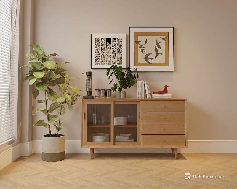 Modern Minimalist Wooden Sideboard With Glass Doors Drawers Green Plants And Wall Art In Interior 3d model 