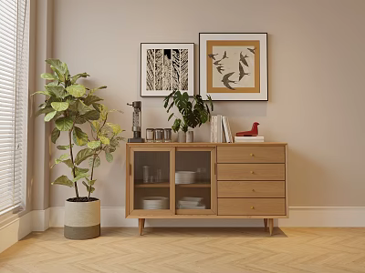 Modern Minimalist Wooden Sideboard With Glass Doors Drawers Green Plants And Wall Art In Interior 3d model