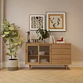 Modern Minimalist Wooden Sideboard With Glass Doors Drawers Green Plants And Wall Art In Interior