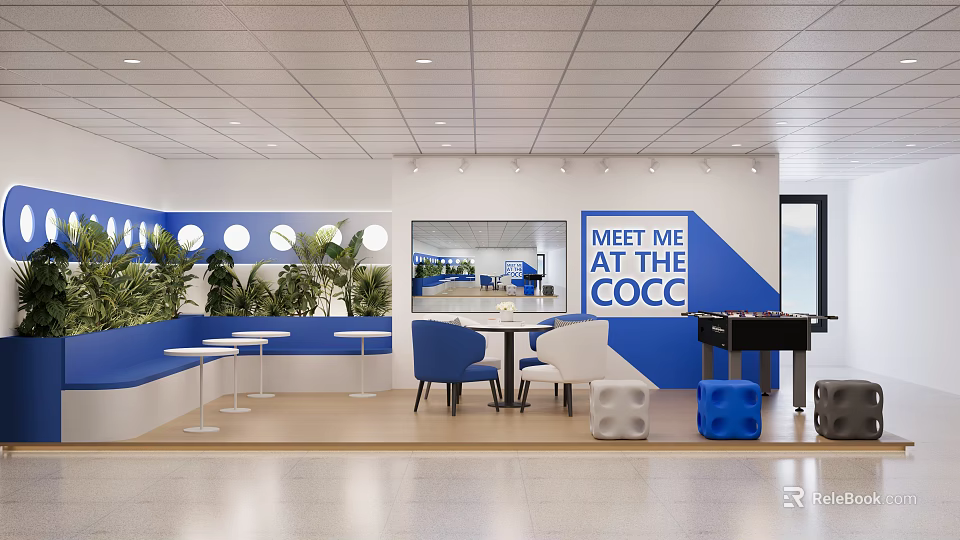 Modern Lounge Area Interior With Blue Wall Circular Windows Green Plants And Foosball Table 3d model 