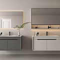Modern Gray White Bathroom Vanity With LED Lit Large Mirrors Countertop Sink Faucet Decorative Plants