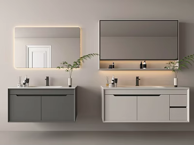 Modern Gray White Bathroom Vanity With LED Lit Large Mirrors Countertop Sink Faucet Decorative Plants 3d model