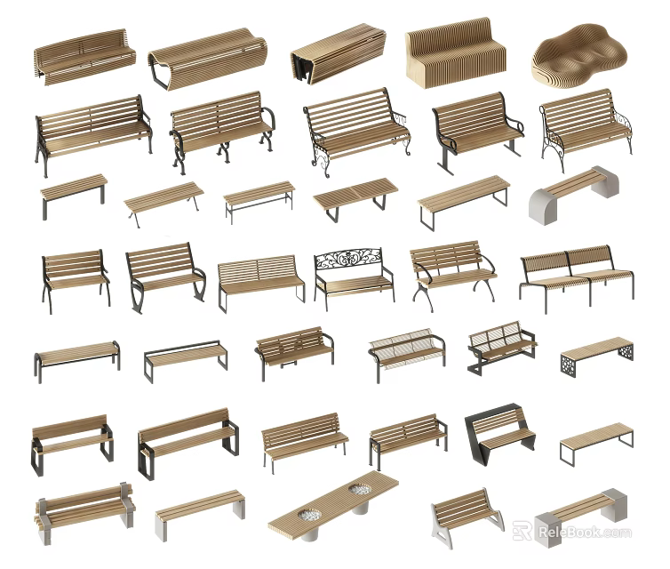 Various Outdoor Landscape Seats With Different Designs And Wooden Metal Frames 3d model 