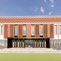 Residential Courtyard With Red Brick Buildings Tall Structure Green Lawn And Bronze Sculptures