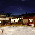 Traditional Commercial Street At Night With Traditional Architecture Lit Stalls Lotus Pond And People Walking