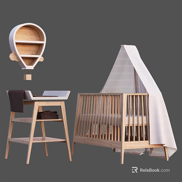 Natural Wooden Baby Crib With Tent Canopy And Matching Changing Table 3d model 