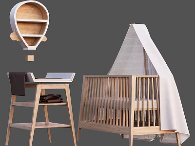 Natural Wooden Baby Crib With Tent Canopy And Matching Changing Table 3d model