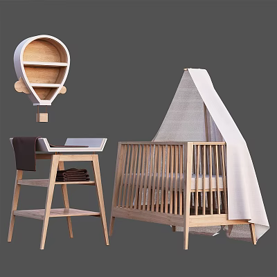Natural Wooden Baby Crib With Tent Canopy And Matching Changing Table 3d model