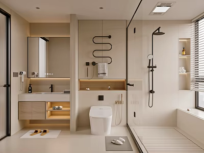 Modern Bathroom Interior Design With Sink Mirror Toilet Shower And Light Color Cabinets 3d model