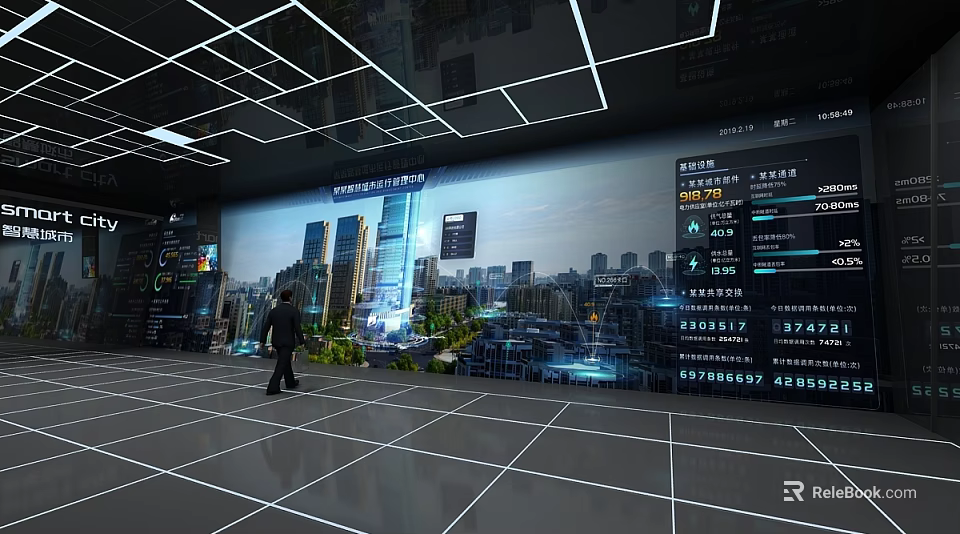Modern Control Room With Large Display Screen Showing City Buildings And Data Charts 3d model 