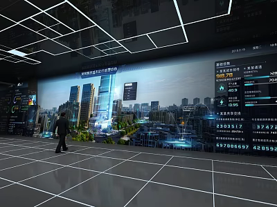 Modern Control Room With Large Display Screen Showing City Buildings And Data Charts 3d model