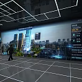 Modern Control Room With Large Display Screen Showing City Buildings And Data Charts