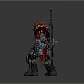 Detailed Fantasy Game Warrior Character in Heavy Armor with Red Cape Holding Axe and Hammer