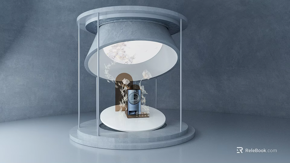 Modern Circular Glass Display Showcase With Transparent Structure Decorative Elements And Gray Base 3d model 