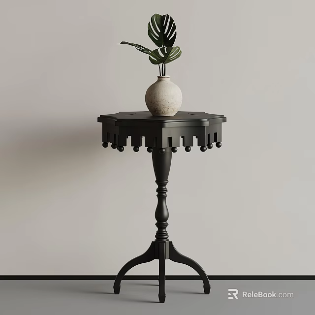 Stylish Black Side Table With White Vase And Green Leafy Plant 3d model
