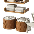 Organic Cotton Towels Bamboo Storage Baskets Liquid Soap Dispensers Wooden Shelves Toiletries
