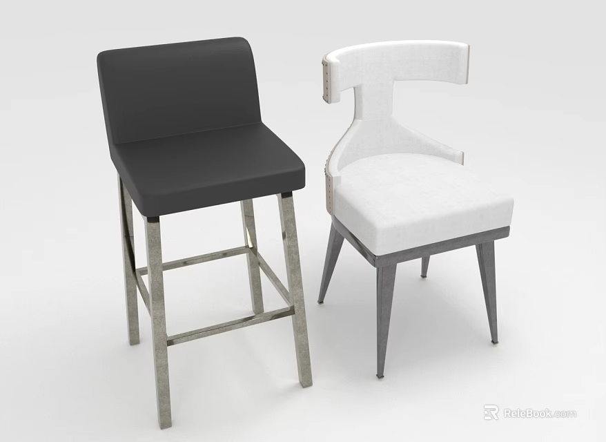 Modern Black and White Upholstered Bar Stools with Stylish Metal Legs Design 3d model 