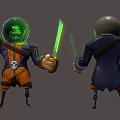 Detailed Fantasy Character Wearing Helmet with Small Green Creature Holding Sword and Skull Decorated Attire
