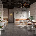 Modern Café Interior With Wooden Dining Tables White Chairs Pendant Lights And Green Plant