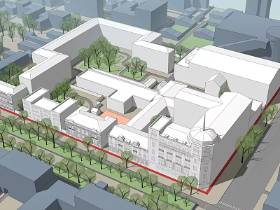 Aerial View of Building Complex With Courtyard Trees and Street Layout 3d model